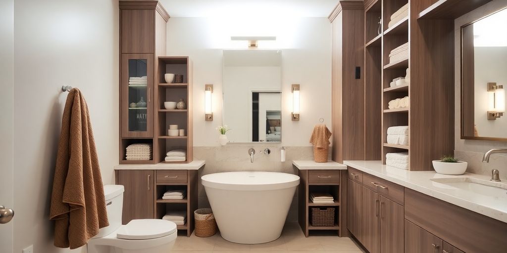 Modern bathroom with customized storage solutions and elegant design.