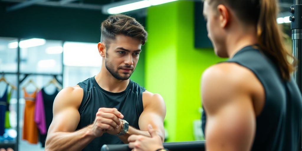 Personal trainer adjusting equipment in a gym setting.