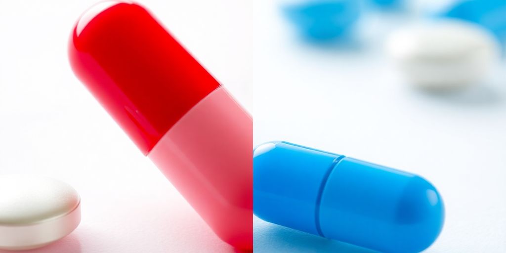Two pills, one red stimulant, one blue non-stimulant.