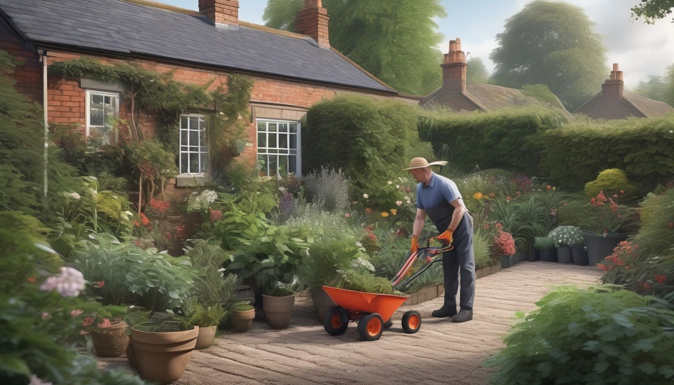 gardener pruning plants in a traditional British garden during different weather conditions