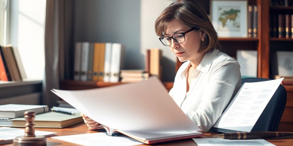 Professional translator in a law office with documents.