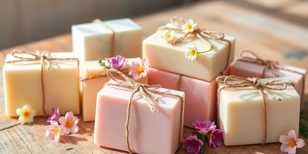 Colorful goat milk soaps with flowers on a wooden table.