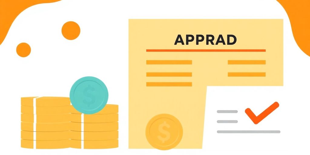 Cartoon coins and a loan document with a checkmark.
