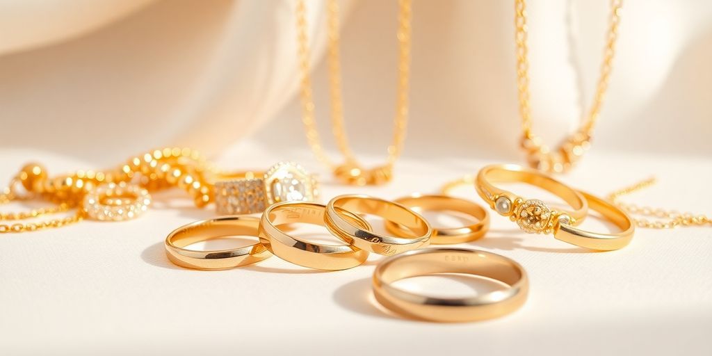 Bijoux en or sur fond neutre pour mariage ou naissance.