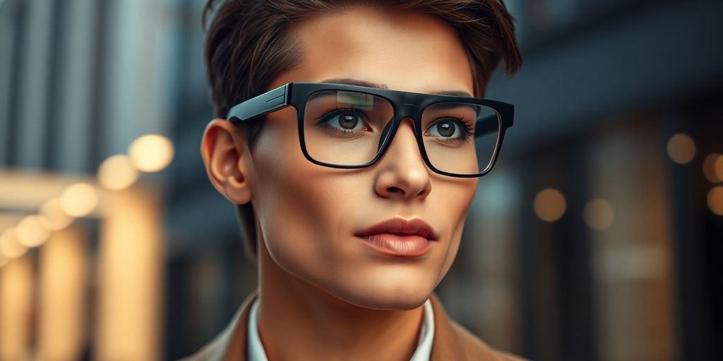 Person wearing AI glasses in a chic urban setting.