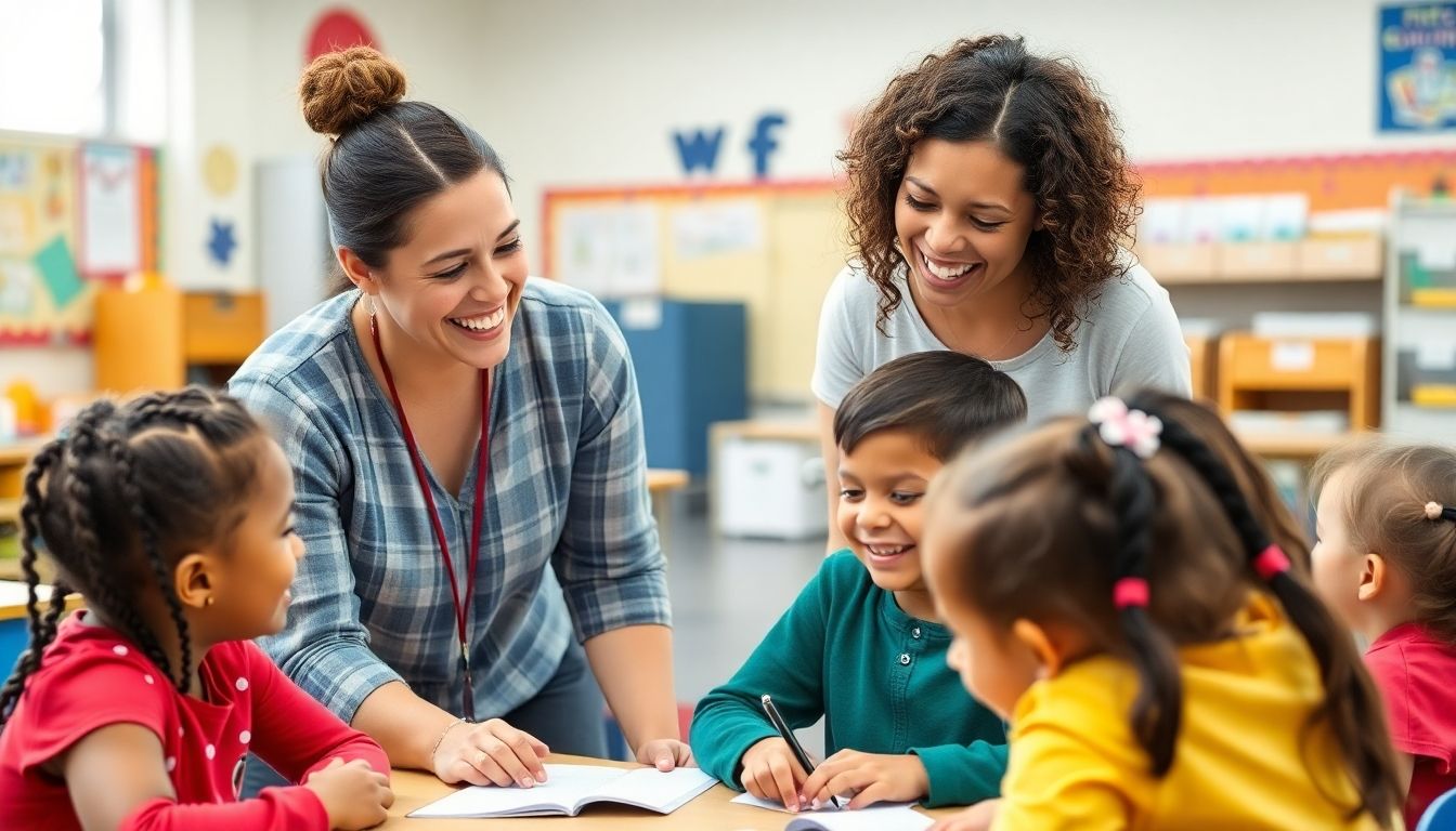 Smiling educator assisting children in an inclusive classroom.