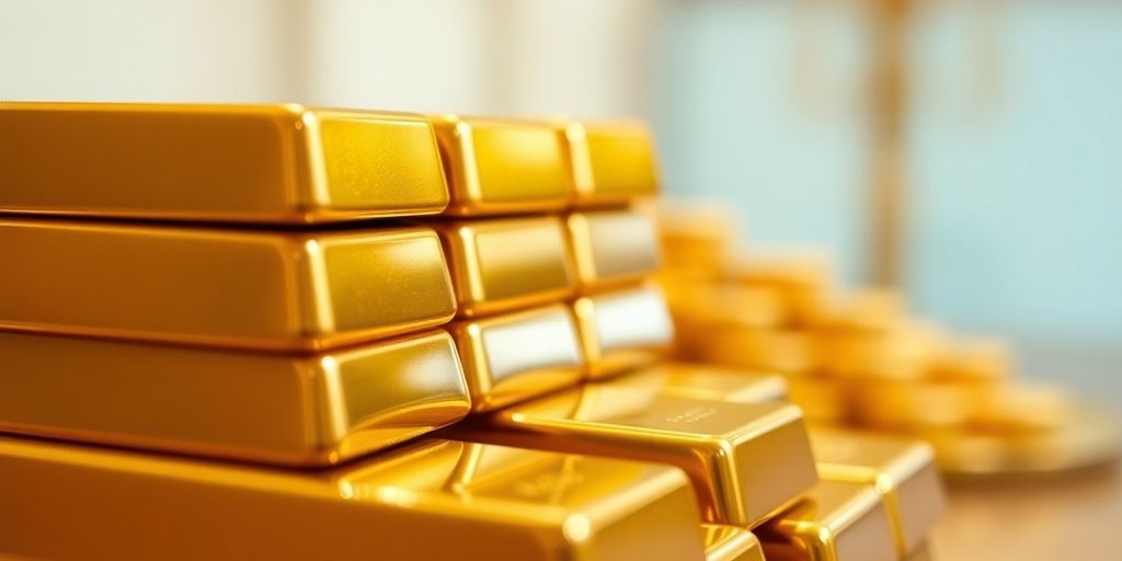Des lingots d'or empilés dans un cadre luxueux.
