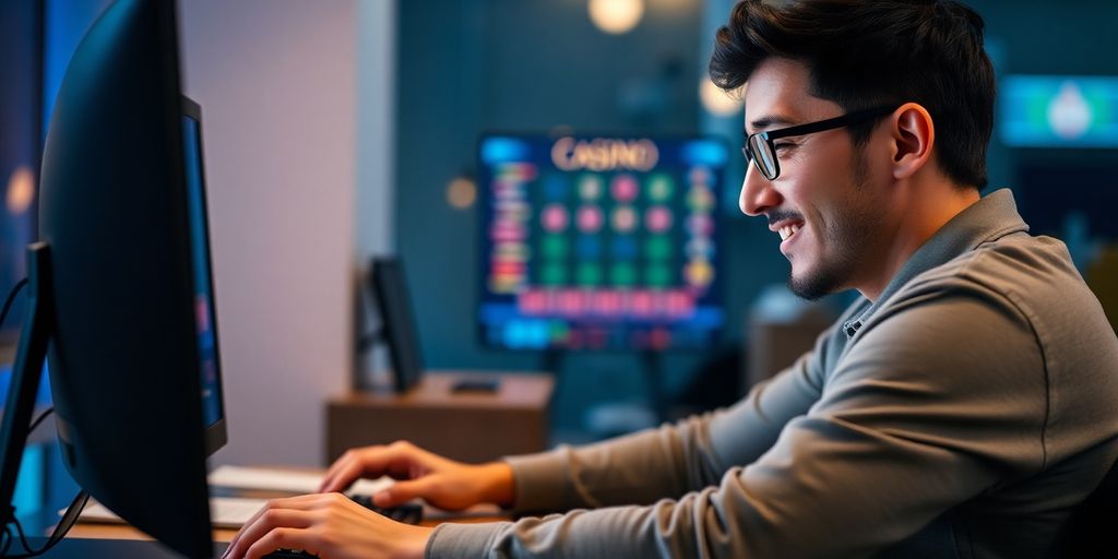 Calm person at a computer, winning online.