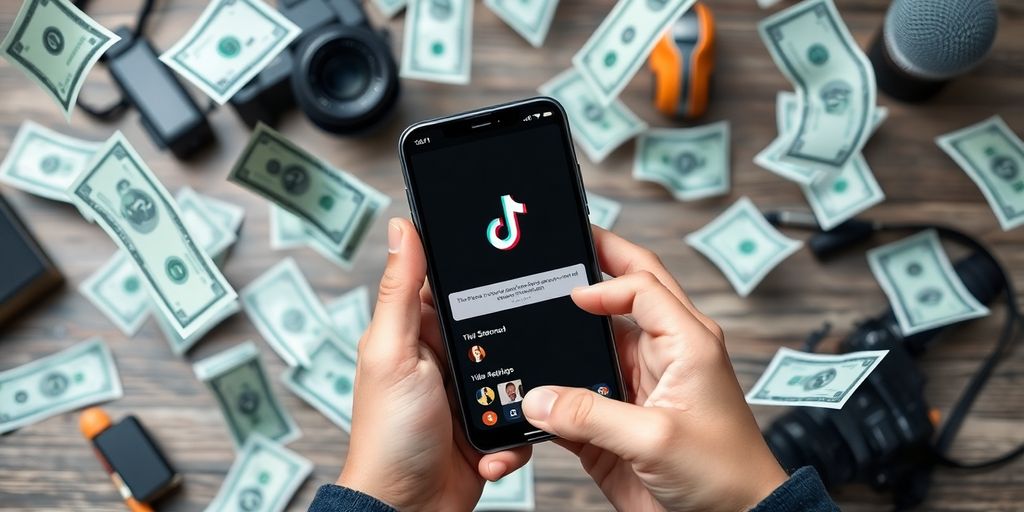 Pessoa trabalhando no TikTok com celular e dinheiro