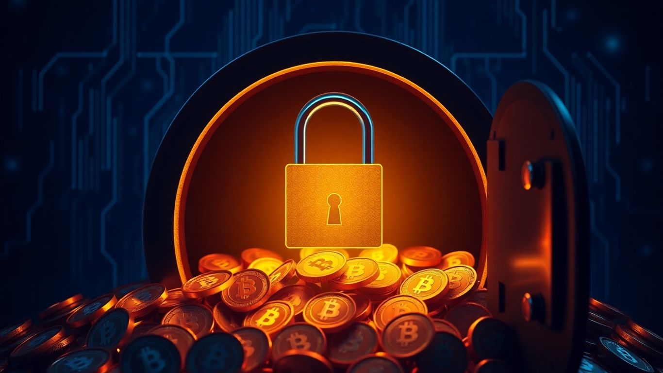 Secure crypto vault with glowing coins and padlock.