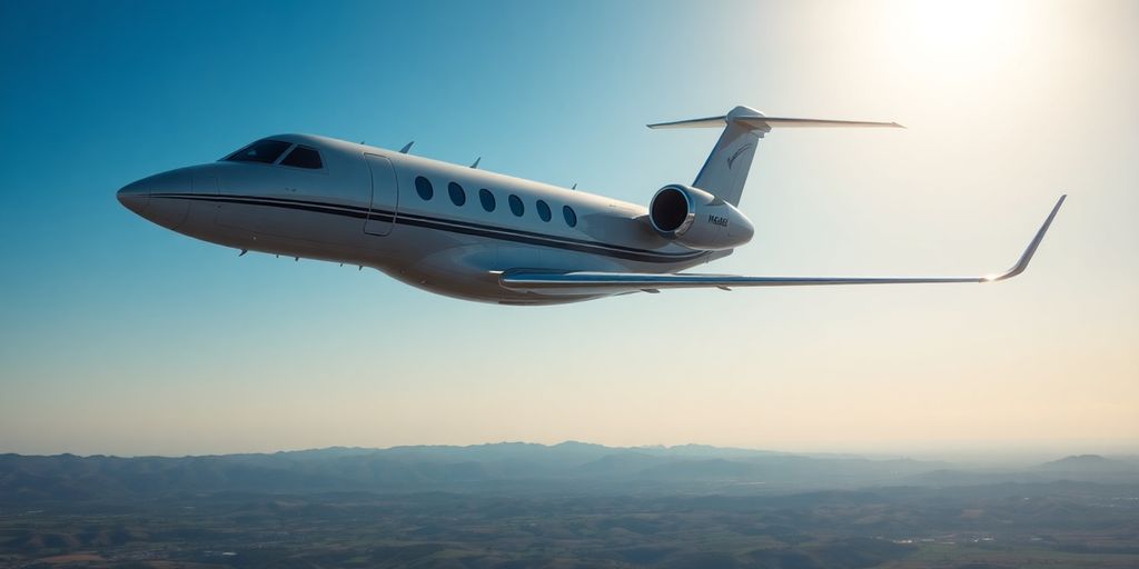 Sleek private jet soaring through clouds.