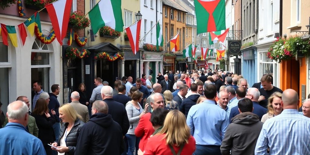Scène de rue animée en Irlande avec des gens discutant.