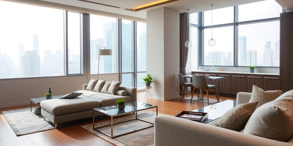 Stylish serviced apartment interior with city skyline views.