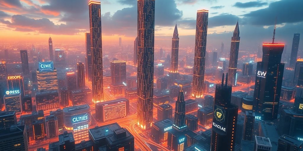 European cityscape with interconnected digital circuits.