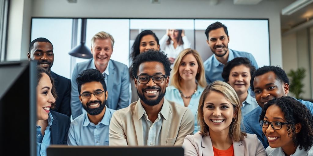 Diverse professionals participating in a video conference call.