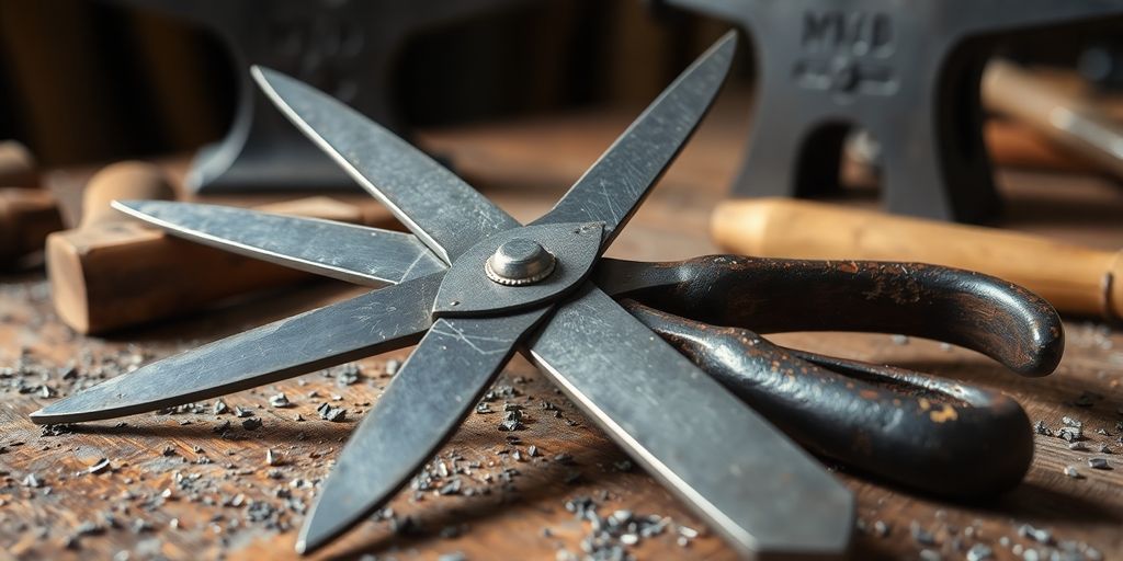 Medieval iron scissors crossed on wooden workbench with metal filings