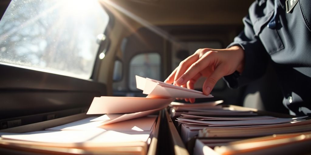 Mail carrier sorting letters inside a postal vehicle.