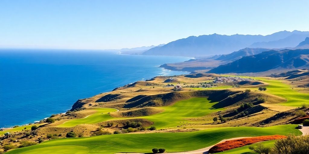 Lush green golf course fairways meeting ocean in Cabo.