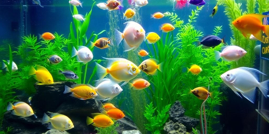 淡水鱼在郁郁葱葱的水族箱环境中游动。