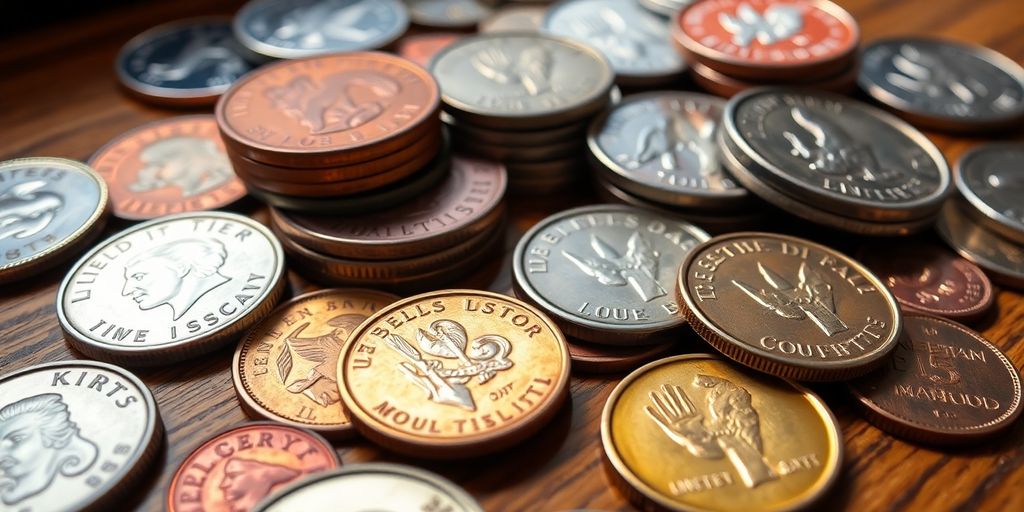 Variety of collectible coins on a wooden table.