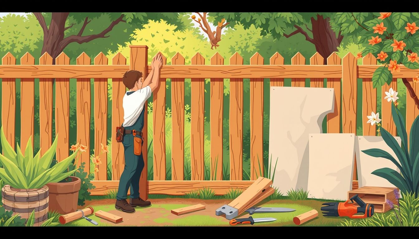 Handyman installing a wooden fence in garden