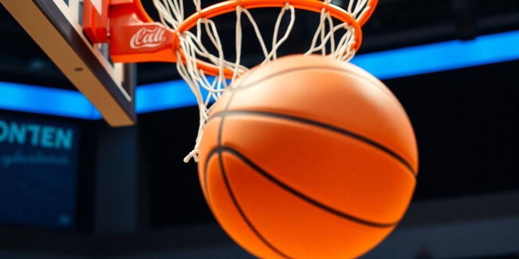 Basketball soaring through a hoop with motion blur.