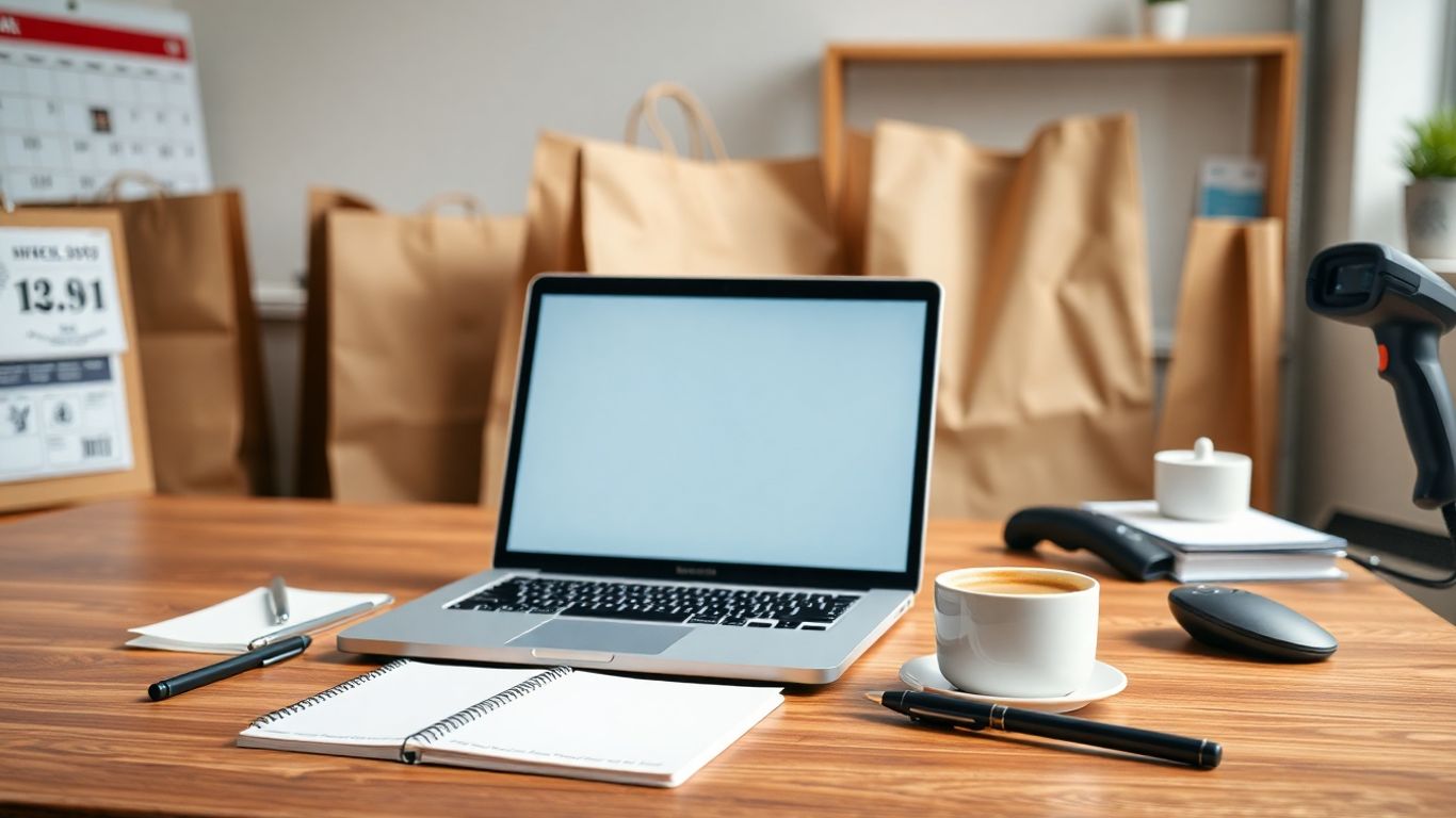 Desk with laptop, calendar, shopping bags, and coffee cup
