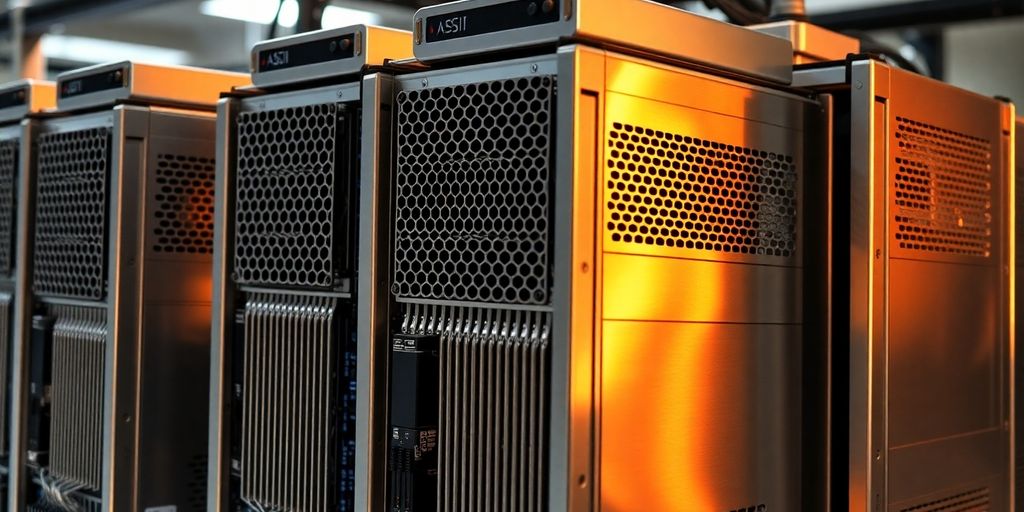 Shiny ASIC miners lined up.