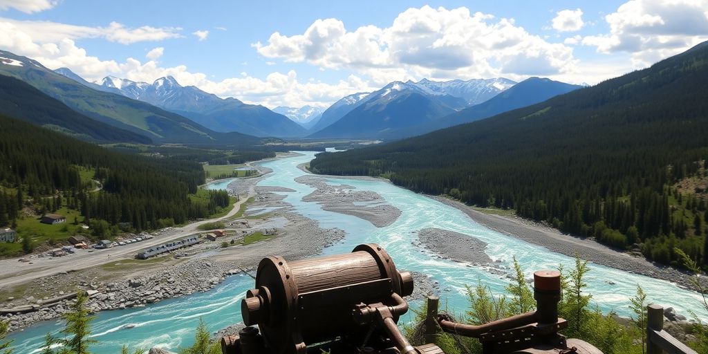Paysage du Yukon avec montagnes et équipements miniers.