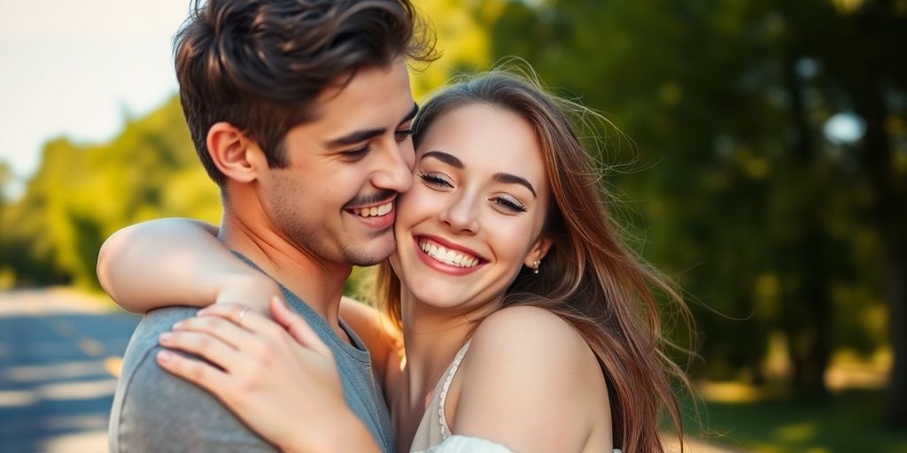 Young couple on road trip, embracing.