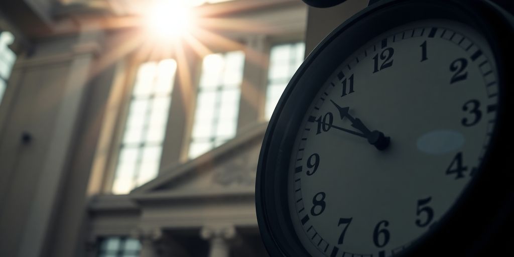 Clock face nearing midnight, courthouse background.
