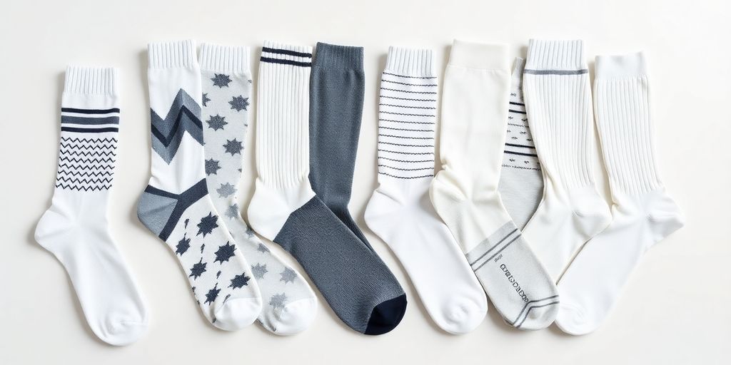 Variety of trendy white men's socks in different styles.