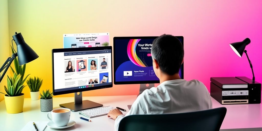 Designer creating a website in a modern workspace.
