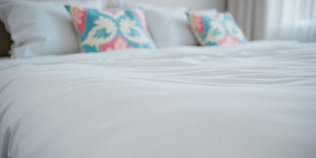 Clean bed with white sheets and colorful pillows.