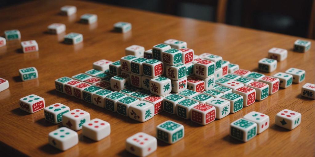 Mahjong tiles set on a wooden table for beginners.