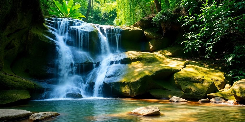 Lush jungle waterfall with clear pools and sunlight.