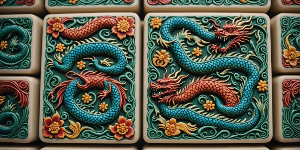 Close-up of Mahjong dragon tiles with detailed artwork.