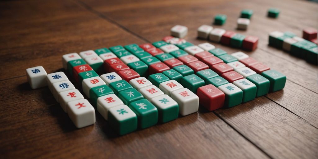 Various Mahjong tiles displayed on a wooden surface.