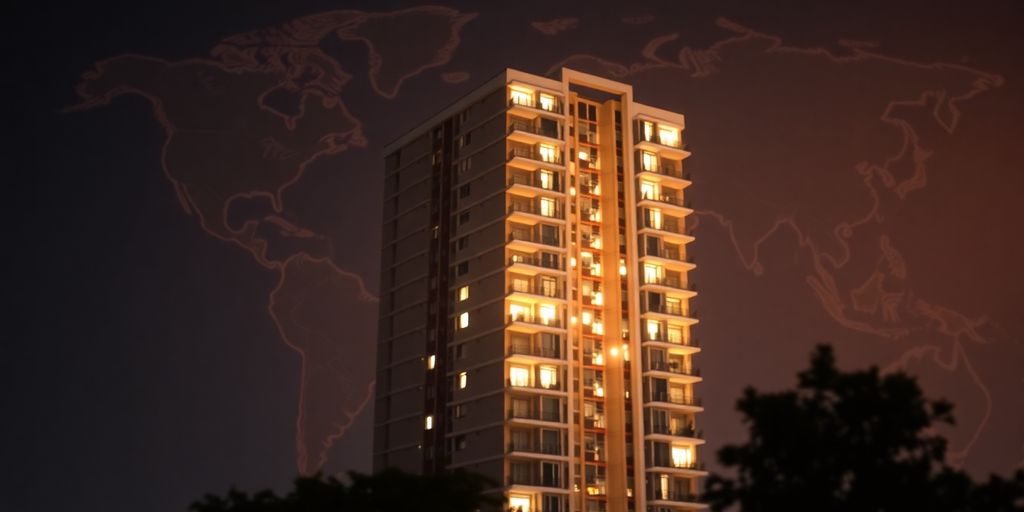 Edificio residencial con un mapa del mundo detrás.