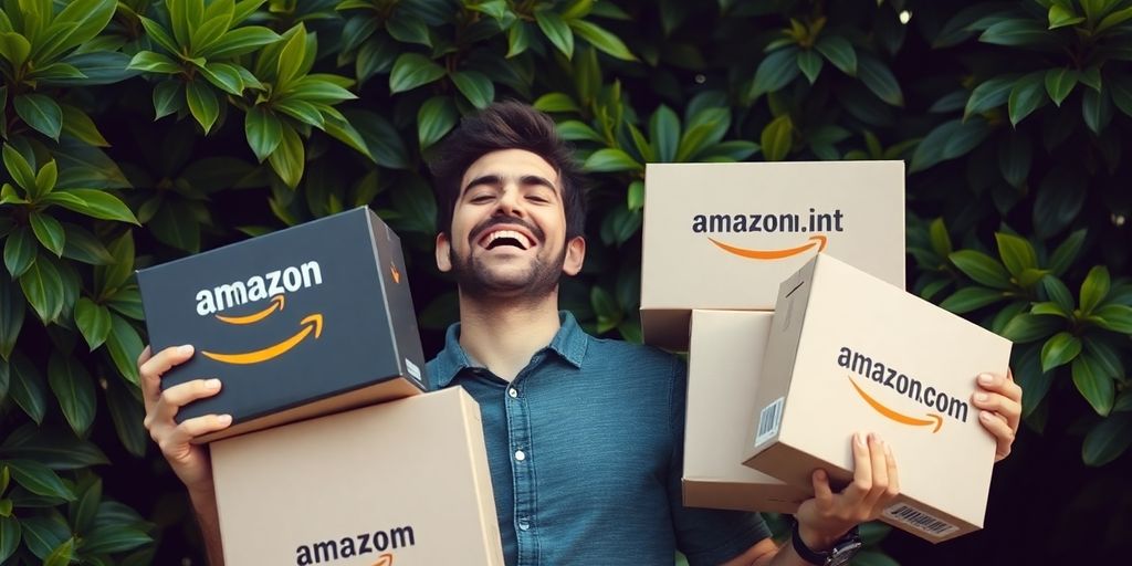 Man smiling holding Amazon packages, achieving affiliate success.