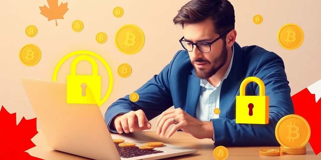 Canadian investor with cryptocurrency symbols and security elements.