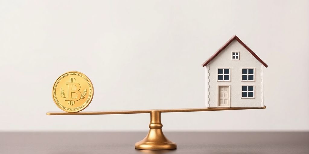 Une balance avec une maison et une pièce d'or.