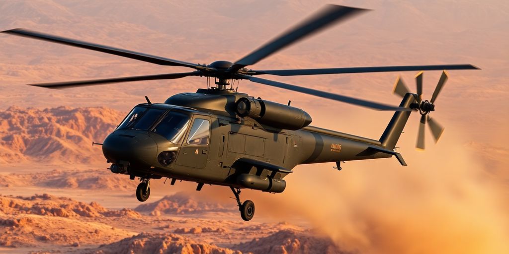 A military combat helicopter banks hard, flying low and fast.