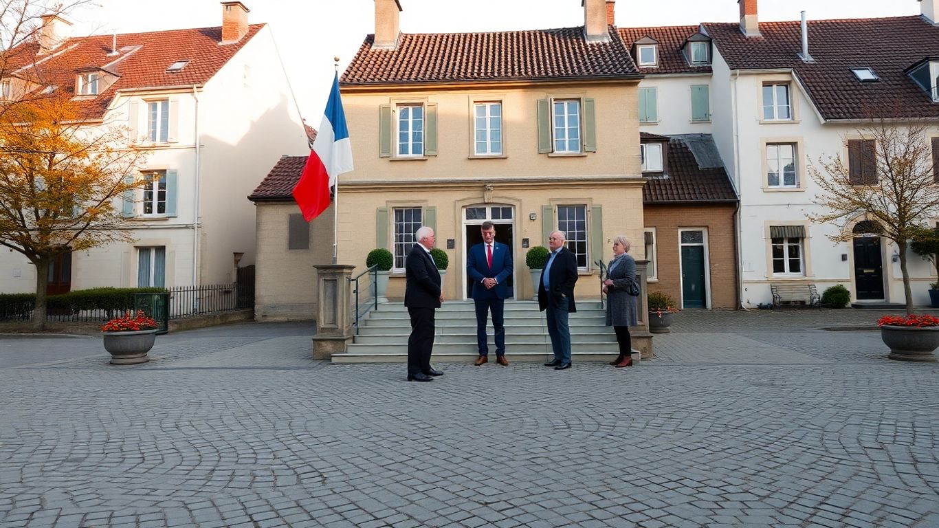Mairie française, drapeaux tricolores, place calme, maire parlant aux habitants