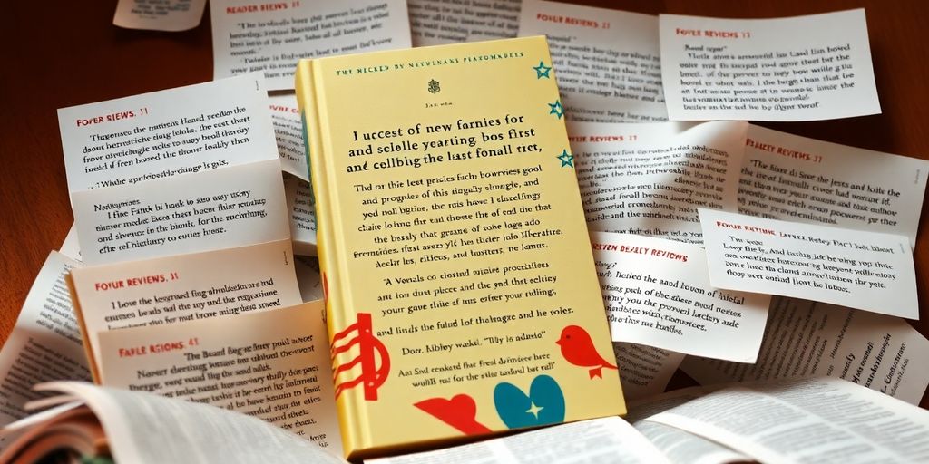 Diverse book reviews surrounding a captivating book cover.