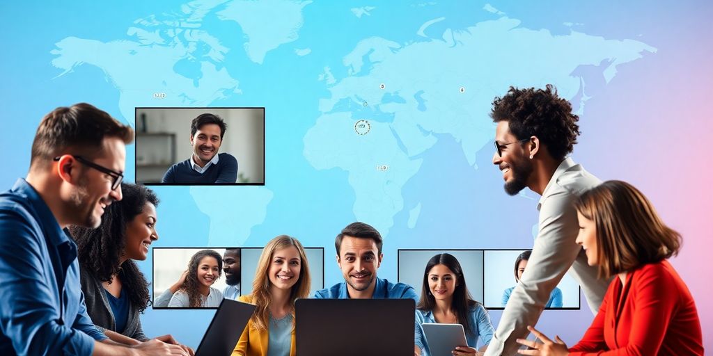 Diverse professionals collaborating in a virtual meeting setting.
