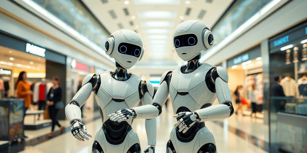 Robots interacting with shoppers in a modern mall.