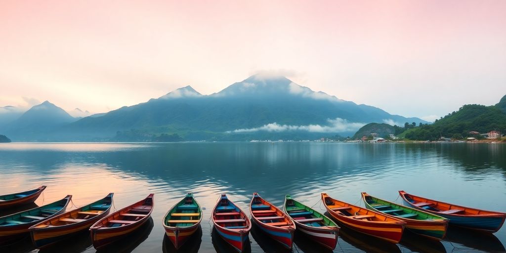 Colorful boats on a calm lake with volcanoes.