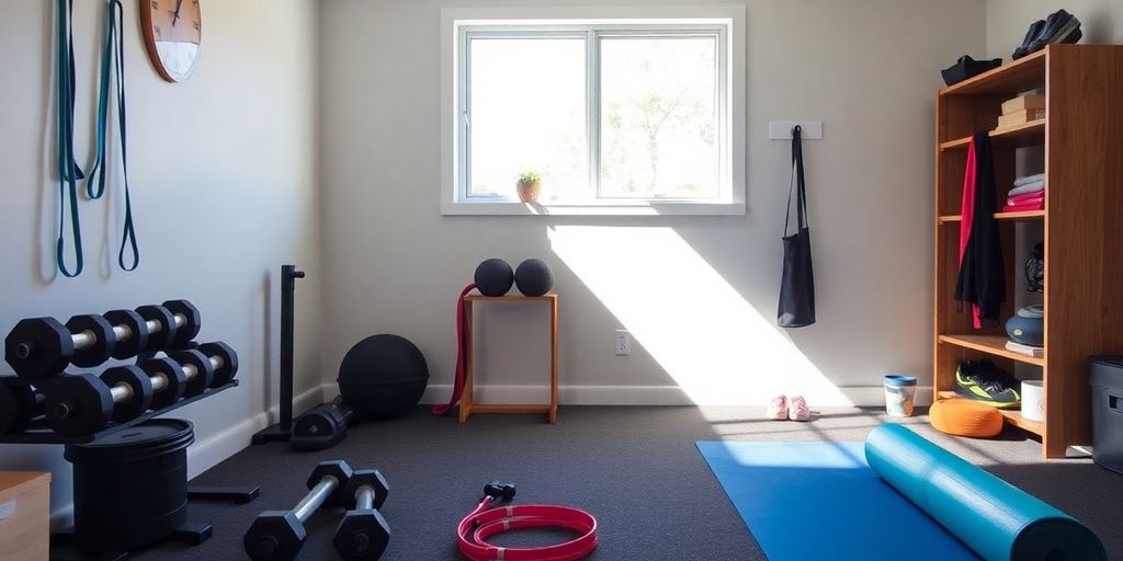 A home gym setup with dumbbells and resistance bands.