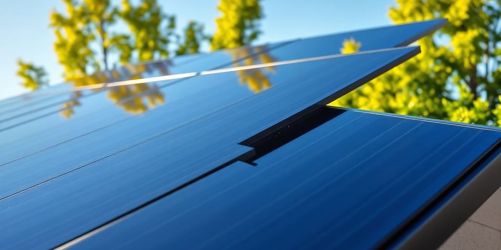 Rooftop solar panels gleam under sunlight.